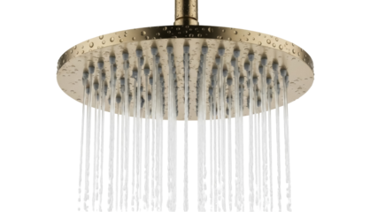 Isolated brass rainfall shower head providing full stream, with water drops, refreshing, modern