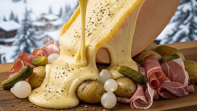 Raclette Feast: A close-up view of a culinary masterpiece featuring melted raclette cheese cascading over an assortment of accompaniments. A tantalizing feast for the eyes and the palate.