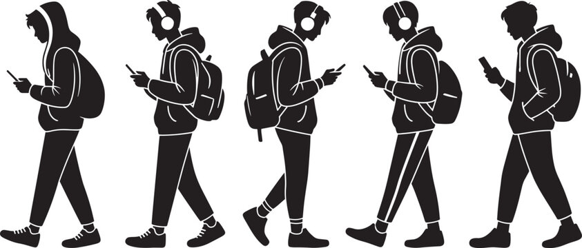 Five black silhouettes of young people wearing hoodies and backpacks using smartphones and headphones
