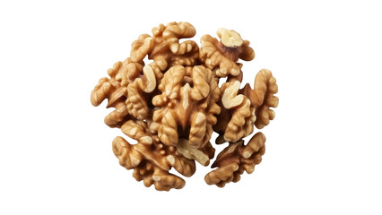 Isolated heap of shelled walnuts with kernels, ready to eat, for a healthy food choice