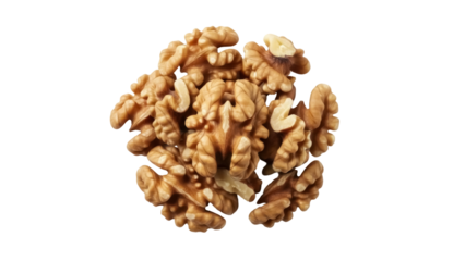 Isolated heap of shelled walnuts with kernels, ready to eat, for a healthy food choice