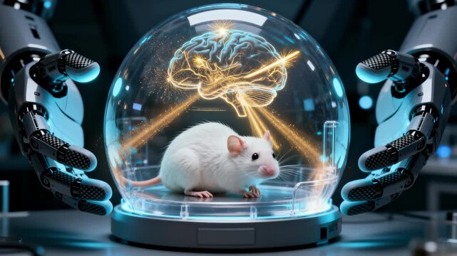 White lab mouse inside a transparent containment dome with robotic arms and a glowing holographic brain projection conveying neuroscience research and lab automation in a futuristic sterile lab enviro