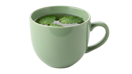 Isolated beverage in a green mug filled with tea and fresh mint leaves for a hot drink