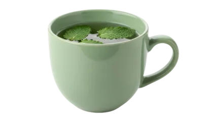 Selbstklebende Fototapeten Tee Isolated beverage in a green mug filled with tea and fresh mint leaves for a hot drink  © Paula