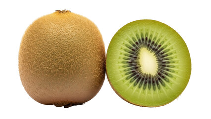 Isolated golden kiwi and cut green kiwi fruit half, close up, nutrition and vitamin C food