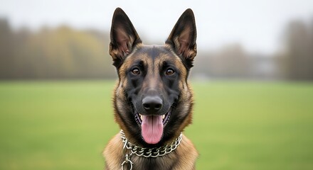 A majestic Belgian Malinois dog with alert ears and a joyful expression wearing a chain collar in