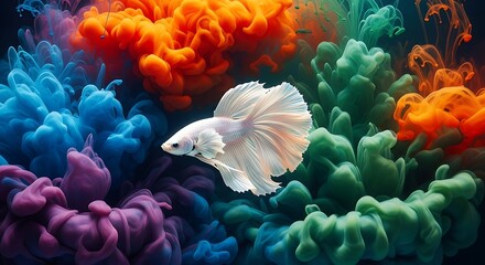 A majestic white betta fish gracefully swims through an ethereal explosion of vibrant colorful