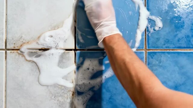 Medium shot of chemical grout cleaning in progress with protective gloves applying specialized cleaner to stubborn tile grout for deep sanitation and stain removal.