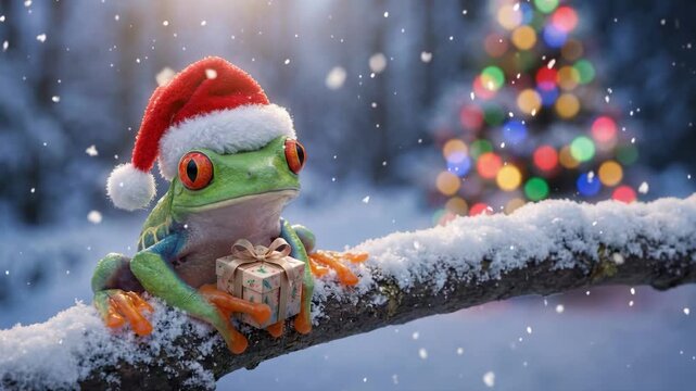 Green tree frog wearing a Santa hat and holding a gift box on a snowy branch. Funny animal celebrating Christmas with colorful lights background. Winter holiday concept