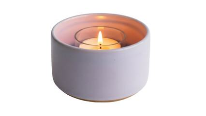 Isolated candle in a ceramic holder, a warm light, and a cozy ambiance for any season