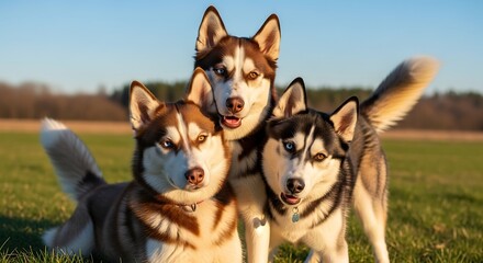 A playful trio of Siberian Huskies with stunning eyes enjoying the sunny outdoors