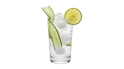 Isolated clear gin drink with ice, cucumber, and lime in a glass, refreshing and tasty