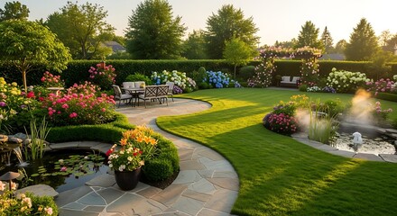 A tranquil landscaped garden with a pond, flowers, lawn, and patio at golden hour