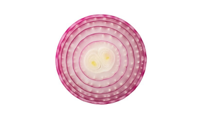 Isolated raw red onion cut in half showing concentric layers, food ingredient vegetable