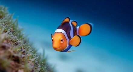 A vibrant clownfish gracefully navigates the clear blue depths surrounded by gentle sea foliage