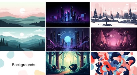 A vibrant collection of diverse digital art backgrounds and stylized landscapes for various design