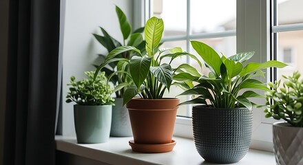 A vibrant display of green houseplants in various pots basking in natural light on a bright