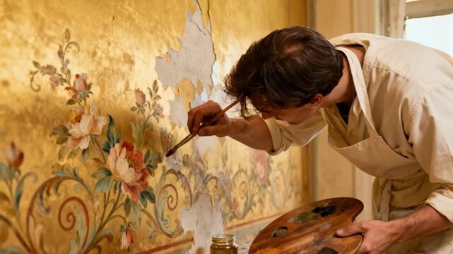 Medium shot of an artist meticulously restoring a Victorianera mural focusing on intricate floral patterns with traditional brushes and palette