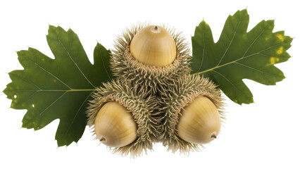 Isolated Quercus macrocarpa Bur Oak acorns with leaves, autumn harvest ready to plant