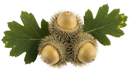 Isolated Quercus macrocarpa Bur Oak acorns with leaves, autumn harvest ready to plant