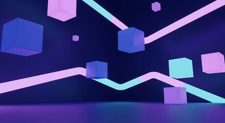 Abstract 3D rendering with neon glowing cubes and vibrant light paths in a futuristic digital space