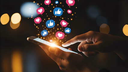 Close-up a Hand of a woman hold a smartphone, socual media concept with floating like love thumbs up icon on air