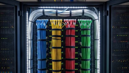 Organized Network Cables in Server Rack for Data Connectivity