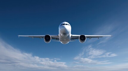 A large commercial airplane soaring through clear skies with scattered cirrus clouds,