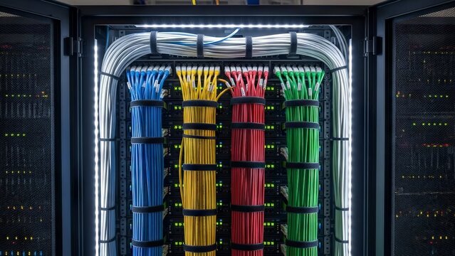 Organized Network Cables in Server Rack for Data Connectivity - Powered by Adobe