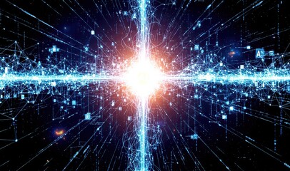 Obraz premium A vibrant digital illustration of a glowing network connection in a futuristic cyber space with radiant lines and nodes