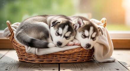 Adorable husky puppies nestled warmly in a cozy basket, peacefully dreaming of playful adventures