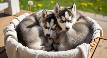Adorable husky puppies peacefully sleeping together in a cozy basket on a sunny day