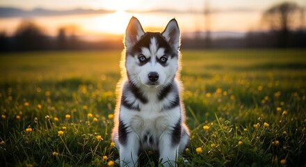 Adorable husky puppy with vibrant blue eyes sitting peacefully in a sun-kissed field during golden