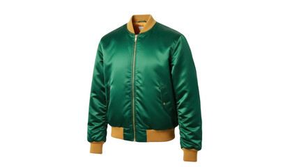 Isolated fashionable green and tan varsity bomber jacket with golden zipper on display