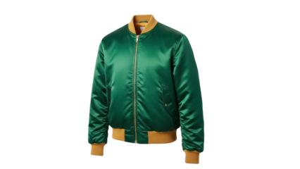 Isolated fashionable green and tan varsity bomber jacket with golden zipper on display