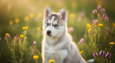Adorable Siberian Husky Puppy with Blue Eyes in a Golden Meadow of Spring Wildflowers