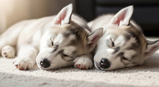 Adorable husky puppies peacefully napping in warm sunlight, showcasing their innocent slumber and