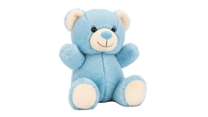 Isolated pastel blue plush teddy bear doll toy, cute fluffy stuffed animal for kids gift