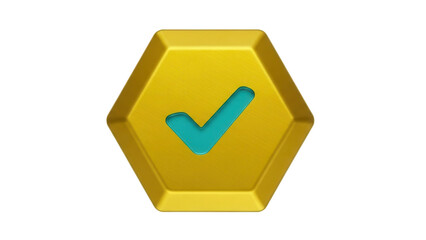 Isolated Golden Hexagon with Teal Checkmark Validation Symbol for Compliance and Approval