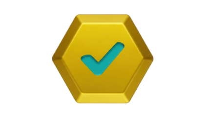 Isolated Golden Hexagon with Teal Checkmark Validation Symbol for Compliance and Approval