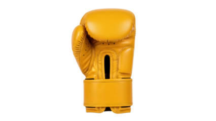 Isolated golden boxing glove, sporting equipment for training and competition in a gym