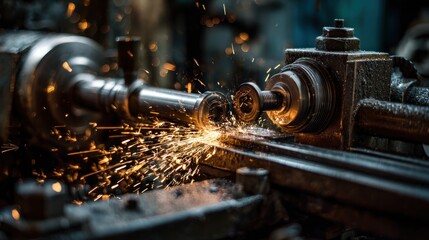 Metalworking lathe in action sparks flying in a dark environment