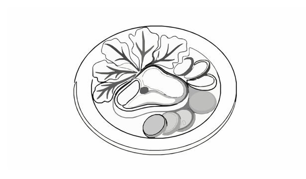 Minimal continuous line steak dinner vector with plate and vegetables