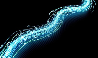 A vibrant digital illustration of glowing blue lines and numbers on a black background, representing data flow and technology