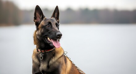 Alert and focused Belgian Malinois dog with an open mouth and visible tongue standing confidently