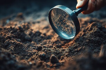 Exploring soil details with a magnifying glass in a garden during daylight