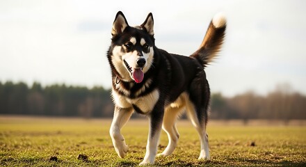 An energetic husky-like dog with striking black and white fur happily explores a vast open green