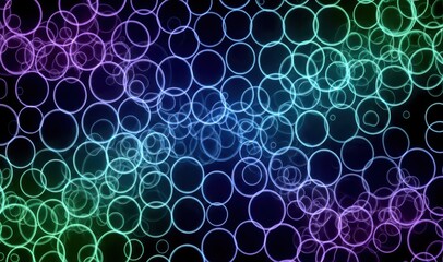 A vibrant and colorful abstract background featuring a mesmerizing array of glowing circles in shades of purple, blue, and green.