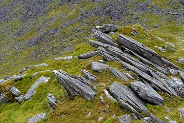 Gray rocks are scattered on a slope covered with green moss. The rocks are sharp and jagged, creating a rugged terrain in County Kerry, Ireland during the daytime.