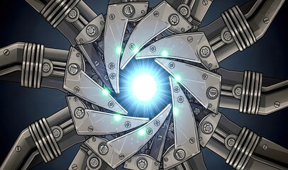 A futuristic mechanical device with glowing blue lights and metallic components